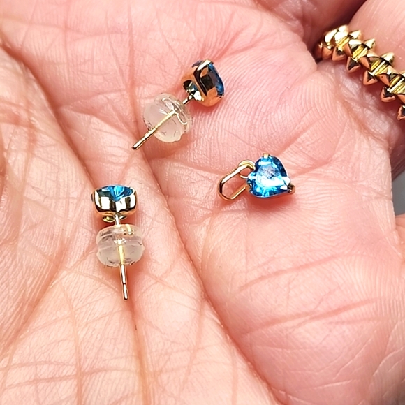 Natural Blue Topaz Earrings Pendant SET 18k Yellow Gold...